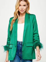 Load image into Gallery viewer, Feather Trim Boyfriend Satin Blazer in Emerald
