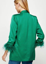 Load image into Gallery viewer, Feather Trim Boyfriend Satin Blazer in Emerald
