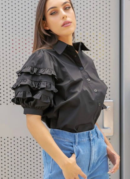 Ruffle Detail Poplin Shirt in Black