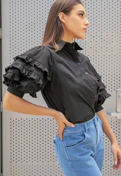 Ruffle Detail Poplin Shirt in Black