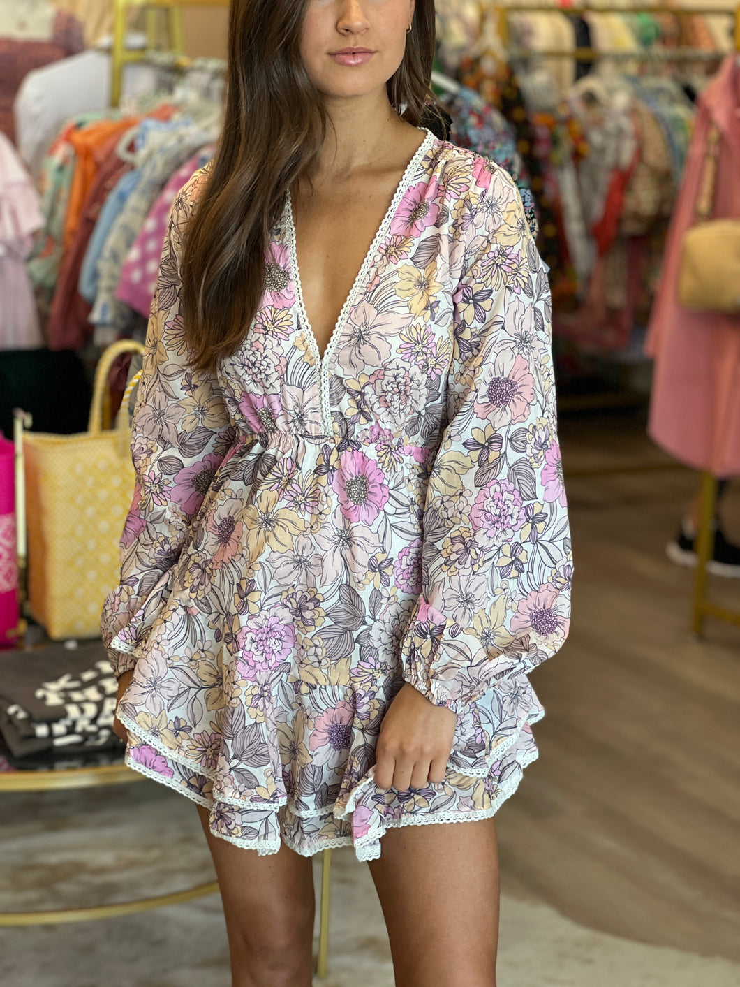 Floral Boho V Neck Knot Back Dress