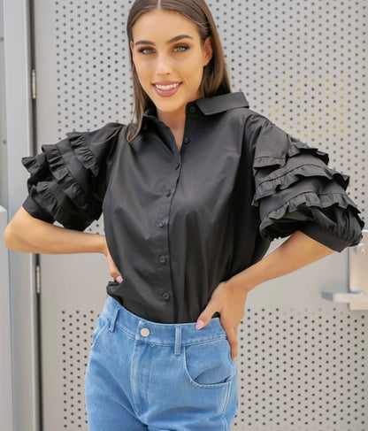 Ruffle Detail Poplin Shirt in Black