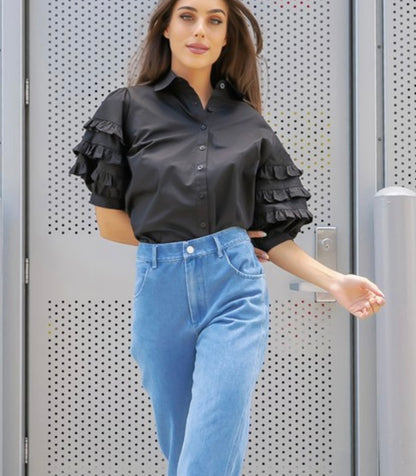 Ruffle Detail Poplin Shirt in Black