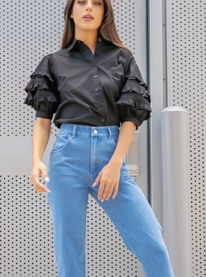 Ruffle Detail Poplin Shirt in Black