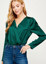 Load image into Gallery viewer, Long Sleeve Satin Bodysuit in Green
