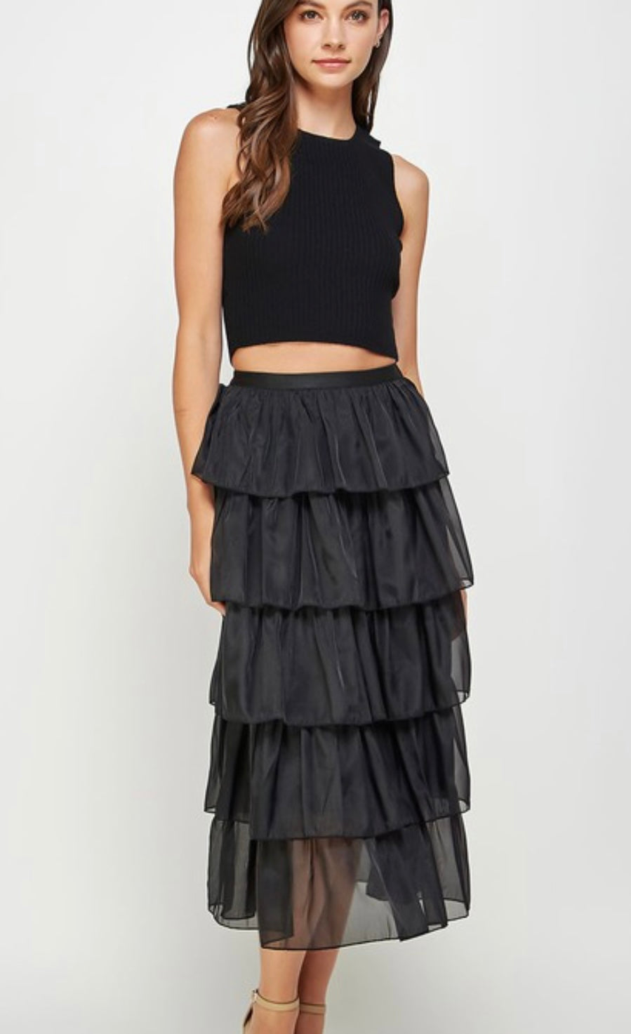 Tiered Organza Midi Skirt in Black
