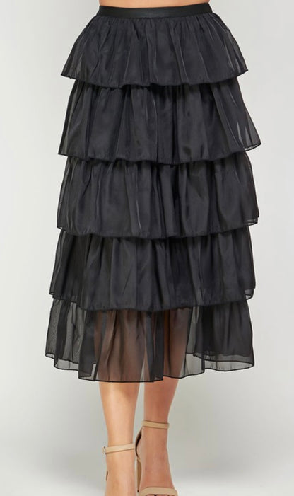 Tiered Organza Midi Skirt in Black