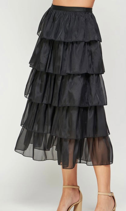 Tiered Organza Midi Skirt in Black