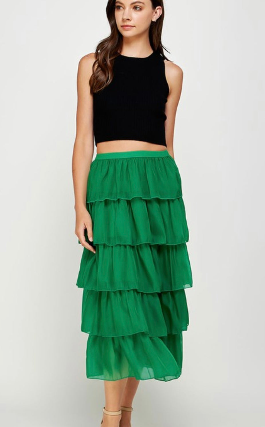 Tiered Organza Midi Skirt in Emerald