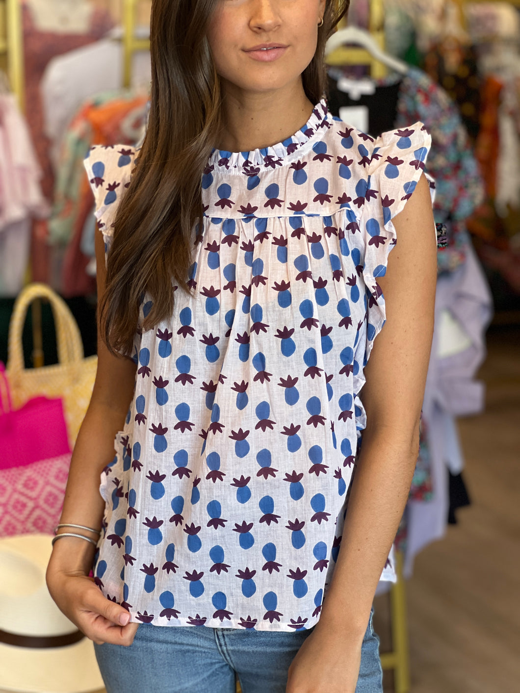 Pineapple Print Sleeveless Ruffle Top