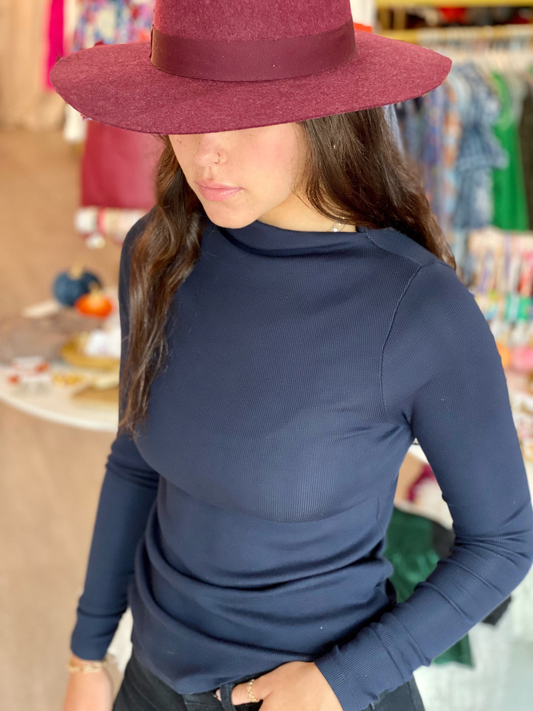 Navy Ribbed Mock Neck Top