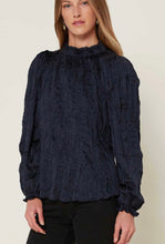 Load image into Gallery viewer, Navy Crinkled Mock Neck Blouse

