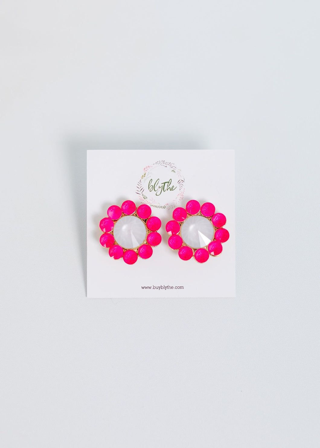Pink Flower Earrings w/Rhinestones