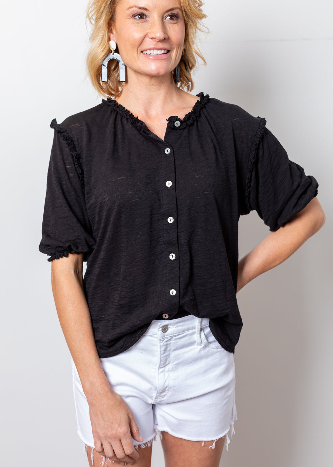 Black S/S Button Front Top