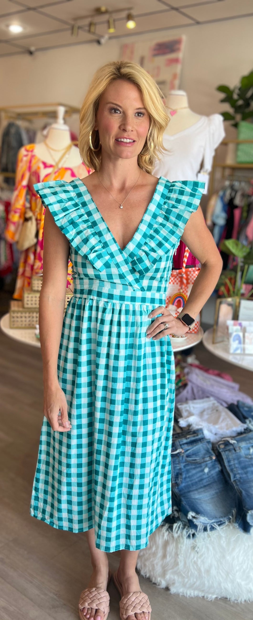 Blue Gingham Ruffle Midi Dress