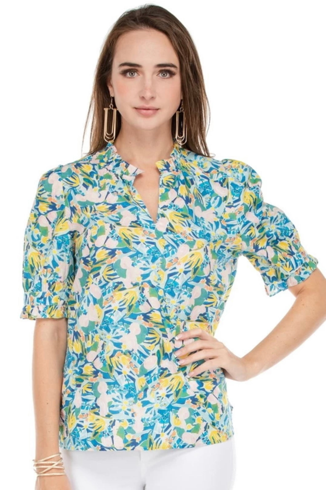 Ruffle SS Blouse in Turquoise Floral