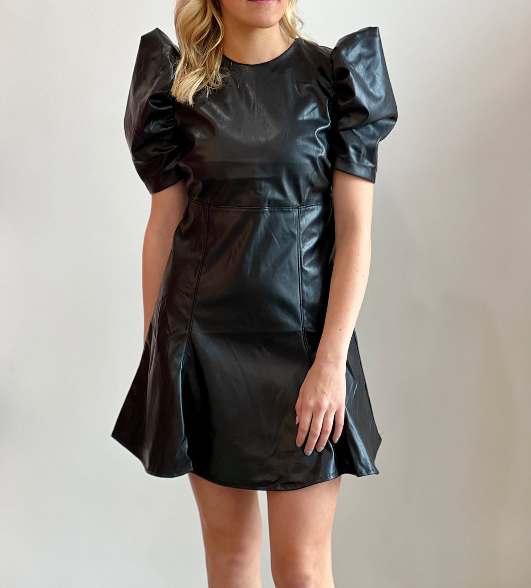Black Faux Leather Puff Sleeve Dress