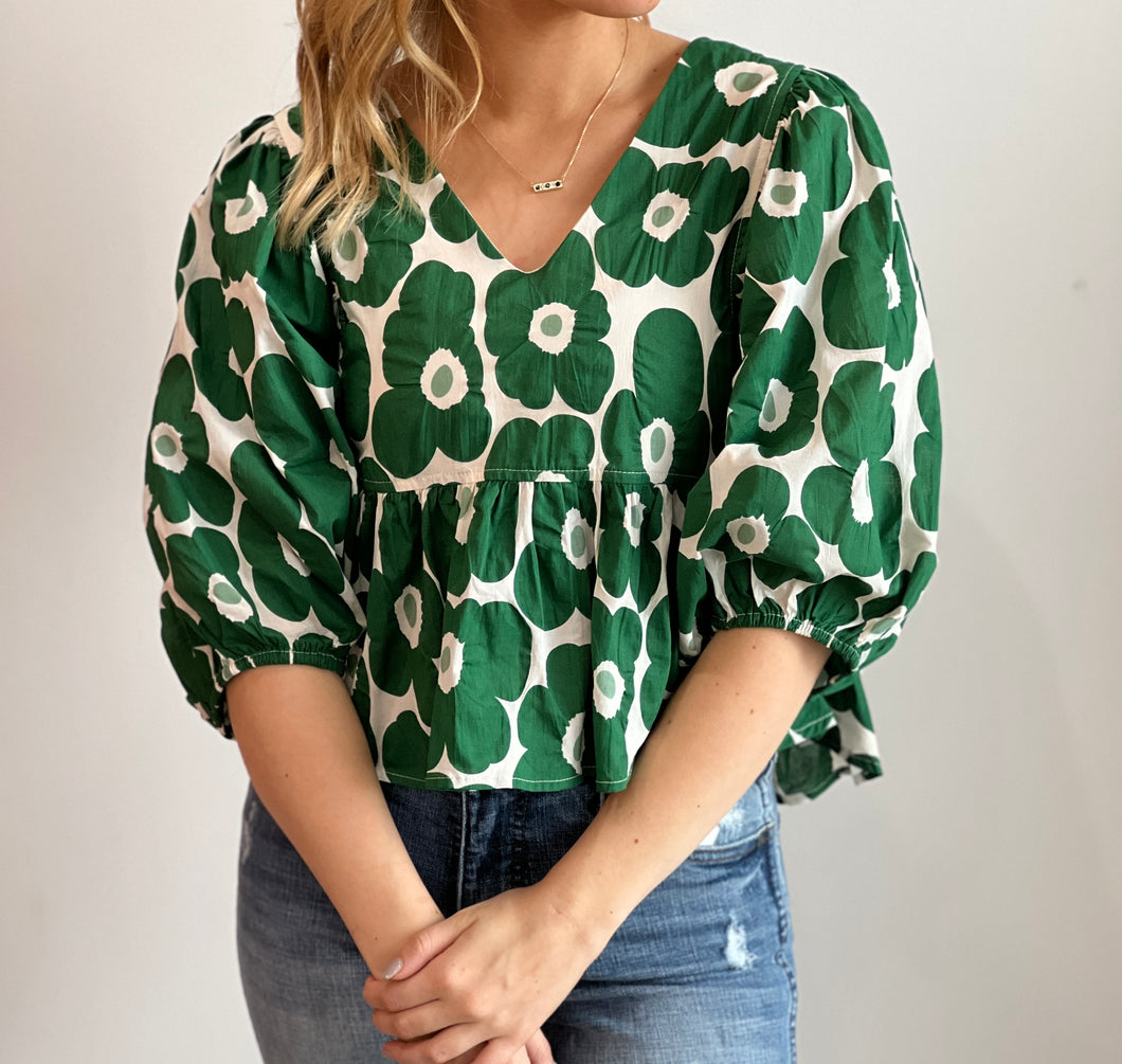 Green Floral Puff Sleeve Top