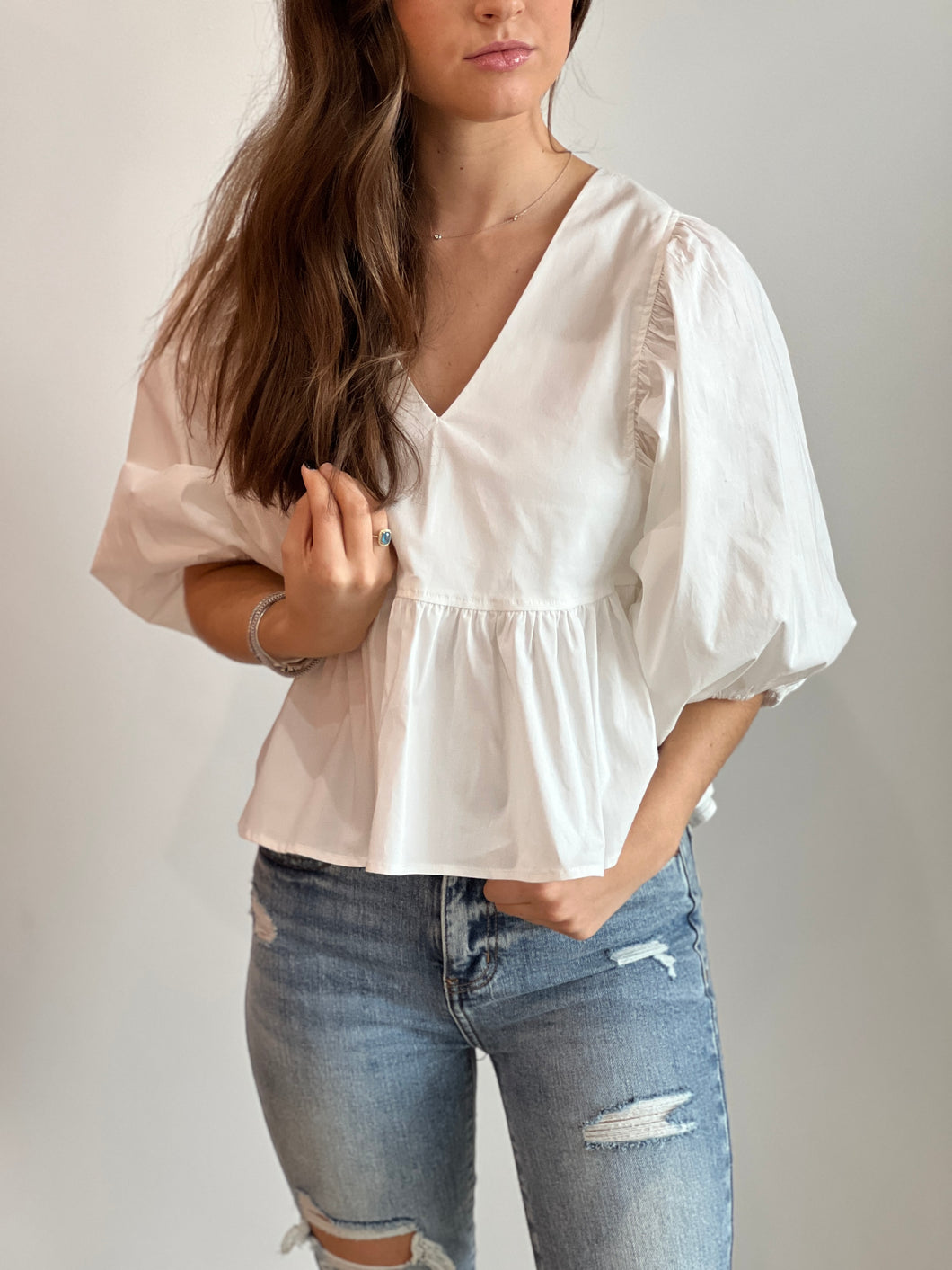 Ivory V Neck Puff Sleeve Top