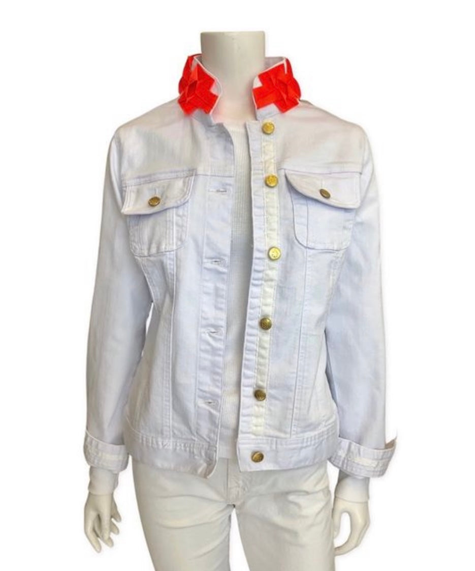 White Denim Jacket with Coral Ribbon
