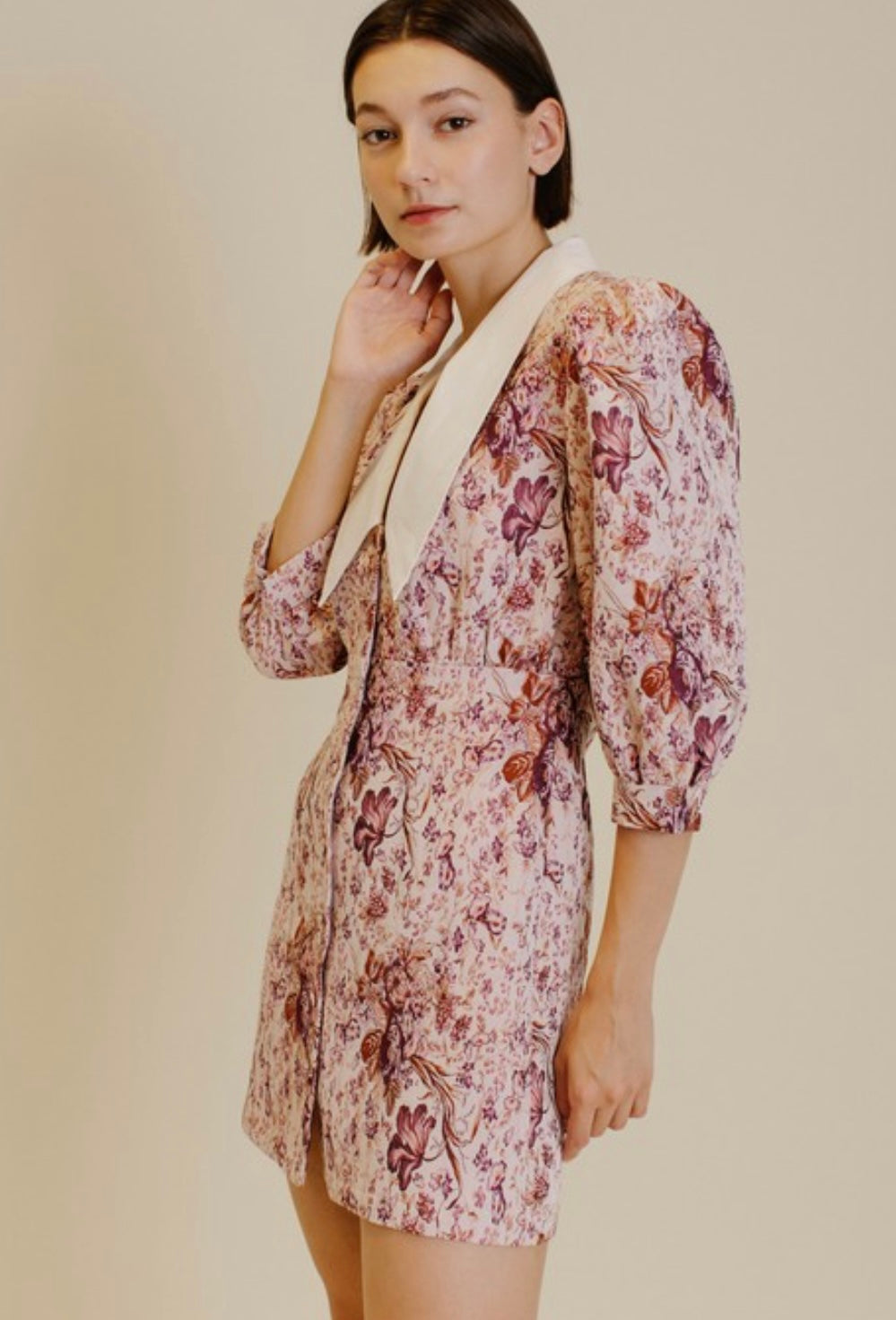 Floral Jacquard Collar Dress in Magenta