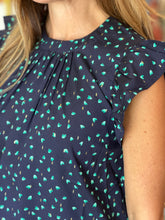 Load image into Gallery viewer, Navy w/Green Dot Flutter Sleeve Blouse
