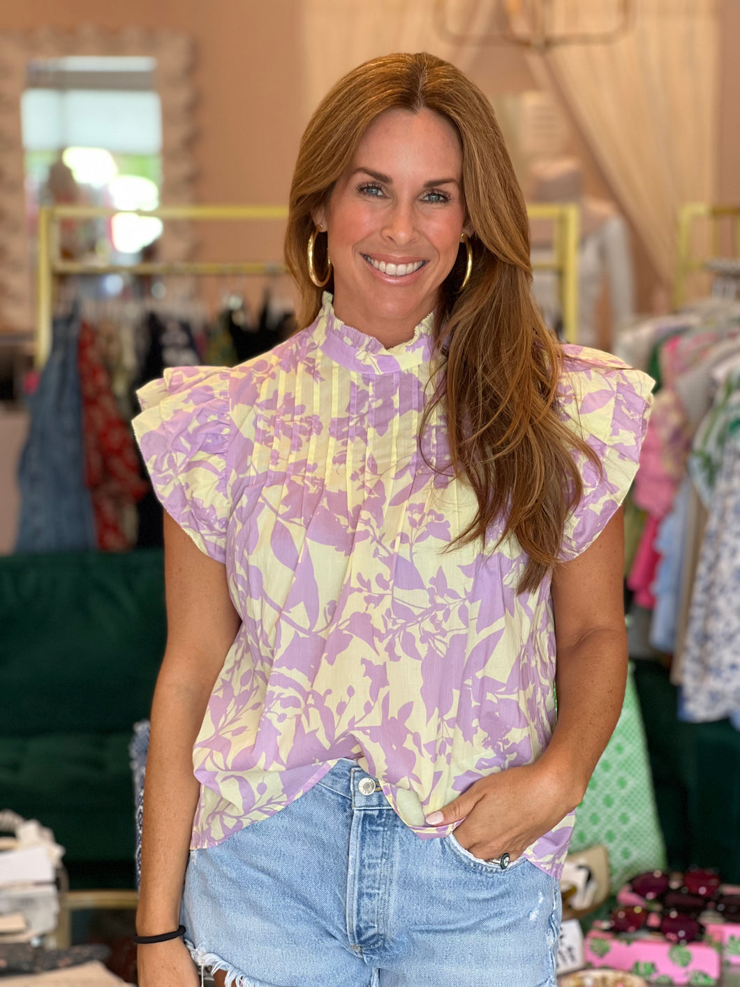 Lavender Floral Print Flutter Top