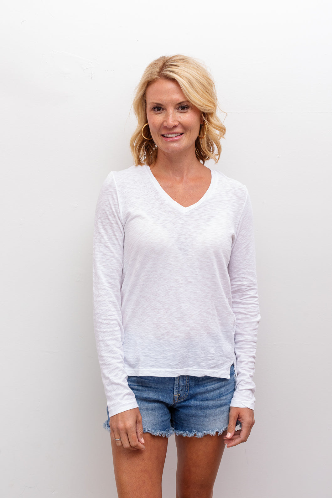 Long Sleeve V Neck White Tee