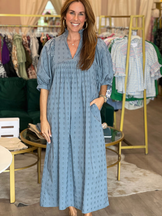 High Neck Midi Dress in Blue Cross Hatch
