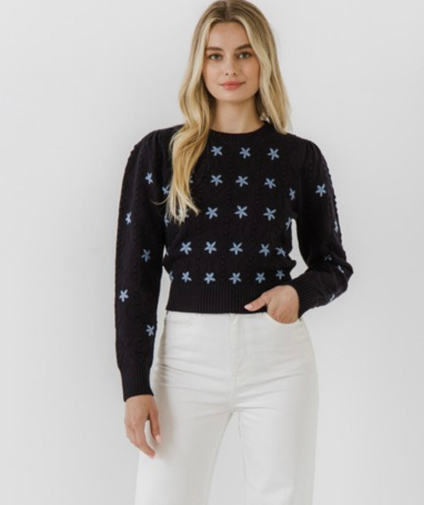 Navy Floral Embroidery Sweater