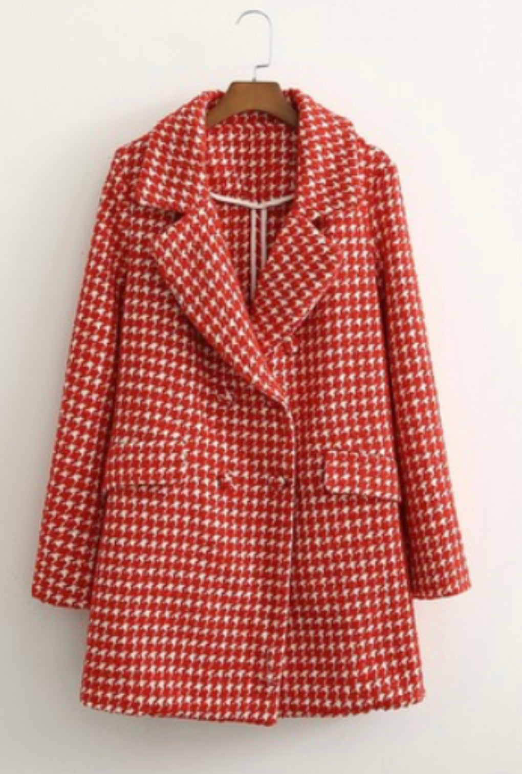 Red Houndstooth Double Breasted Coat