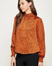 Load image into Gallery viewer, Tan w/Black Dot Smocked Neck Blouse
