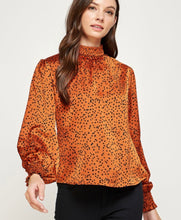 Load image into Gallery viewer, Tan w/Black Dot Smocked Neck Blouse

