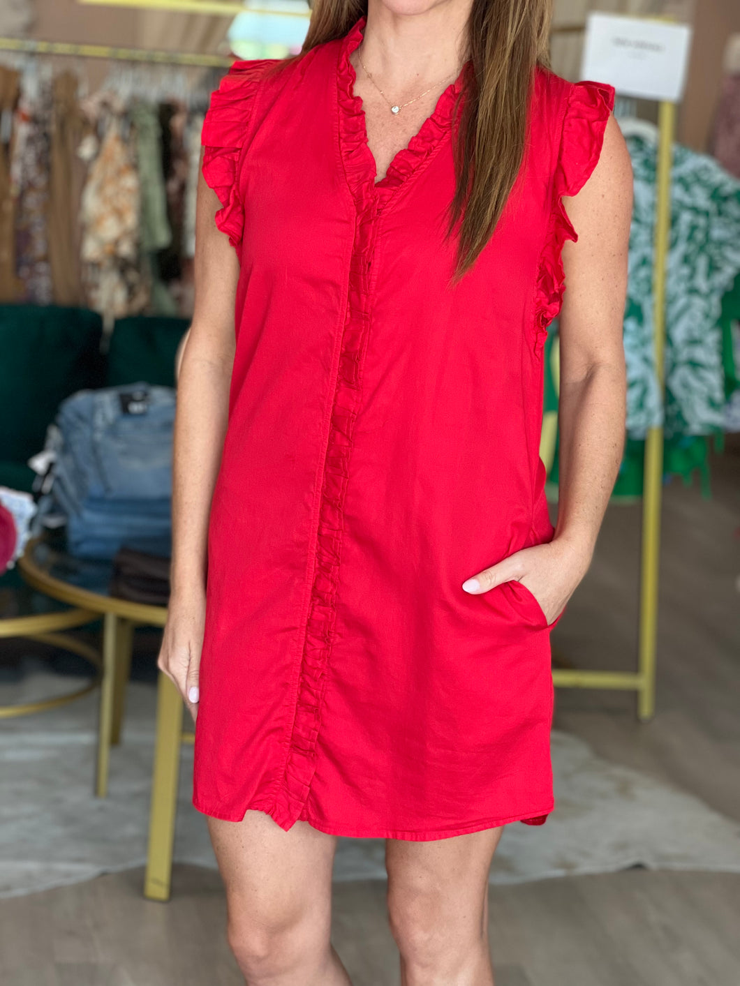 Button Down Ruffly Dress in Red