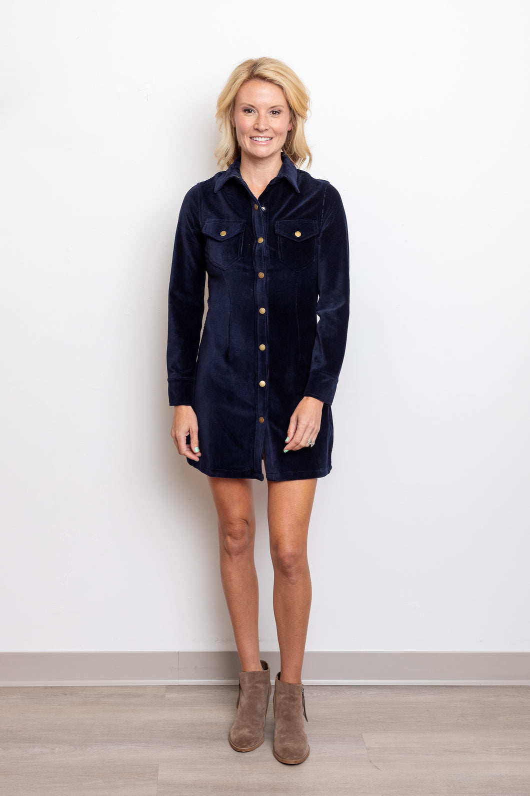 Navy Chord Button Front Dress