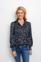 Load image into Gallery viewer, Navy Floral L/S Blouse w/Tie
