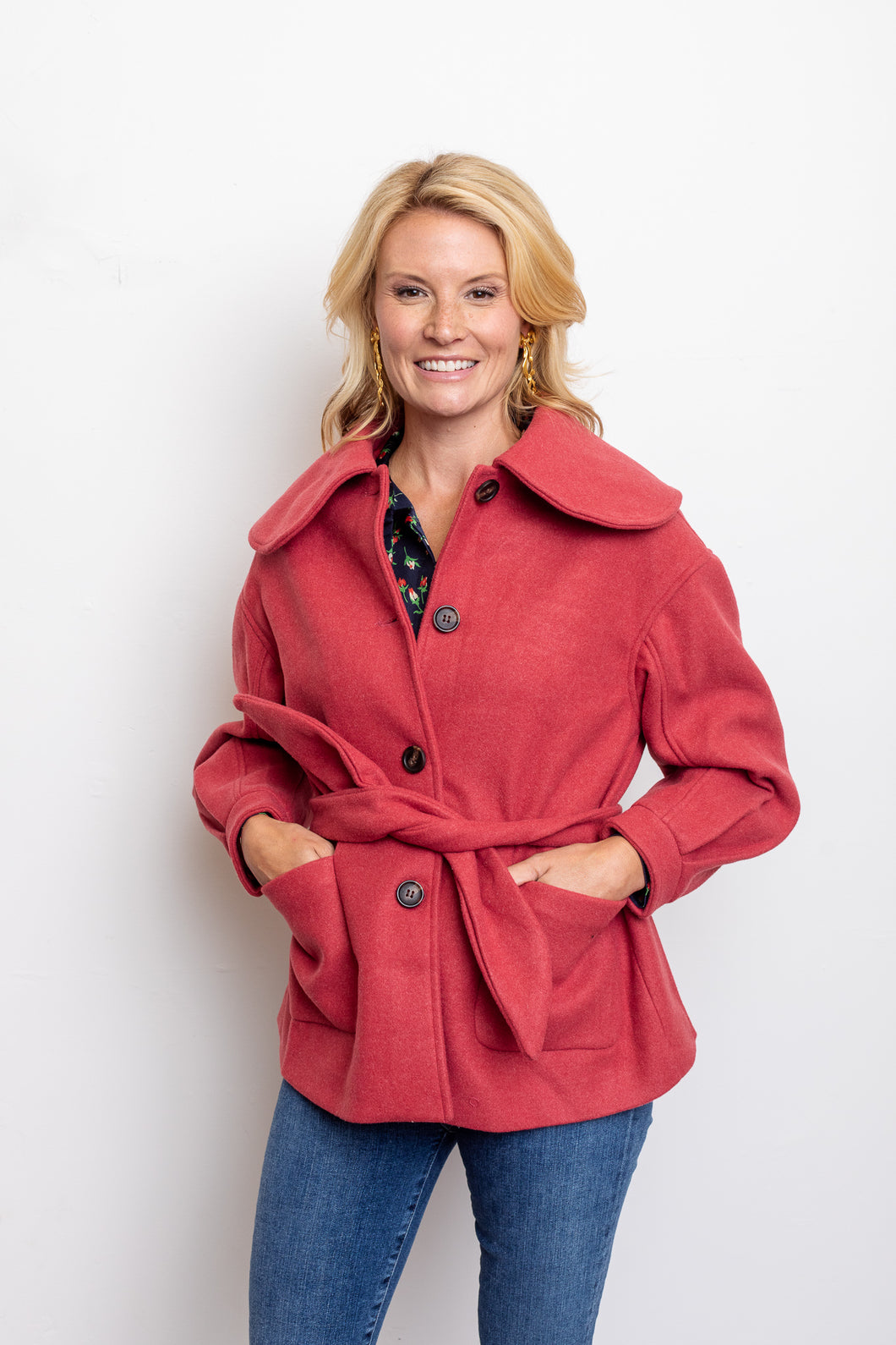 Red Button Front Coat