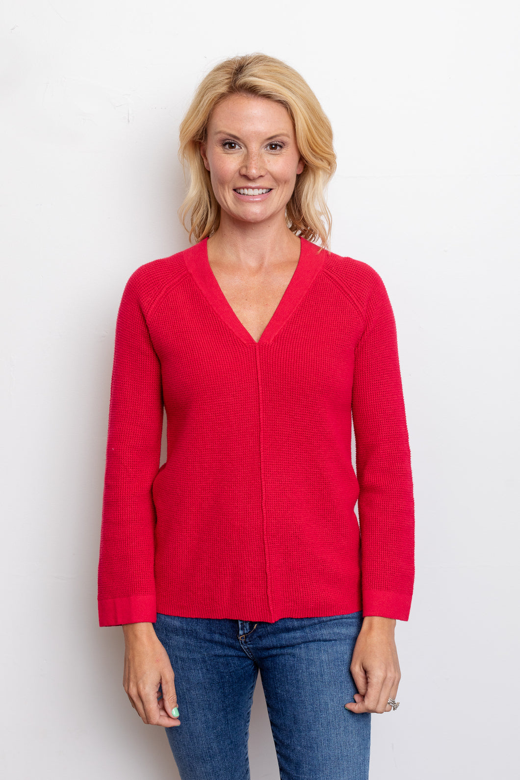 Red Waffle V Neck Top