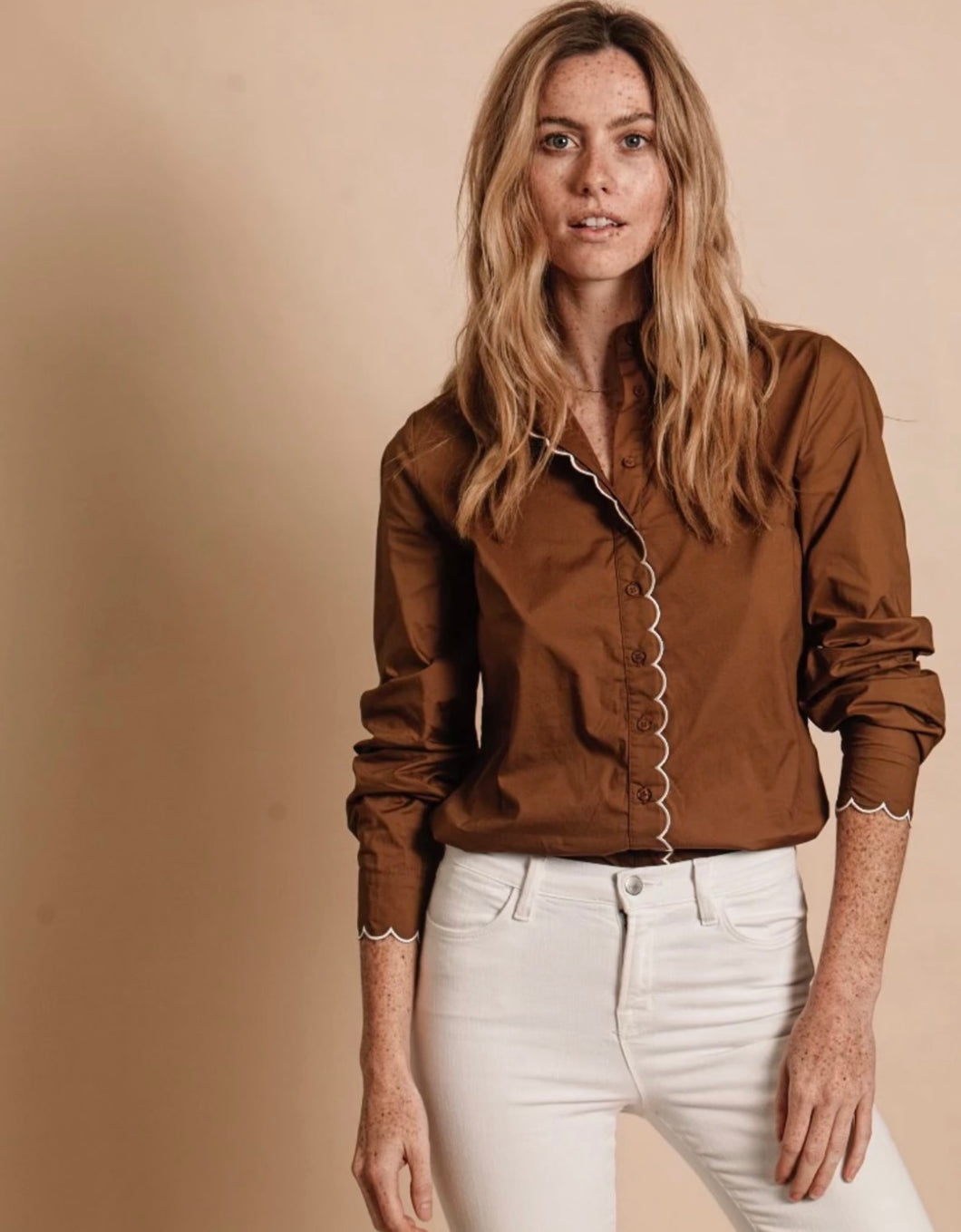 The Scalloped Embroidery Shirt in Tan