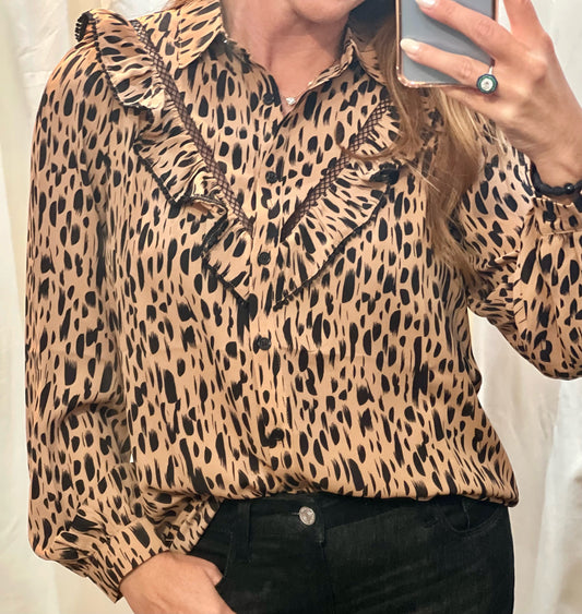 Leopard Trimmed Ruffle Blouse