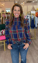 Load image into Gallery viewer, Navy Plaid Mock Neck Blouse
