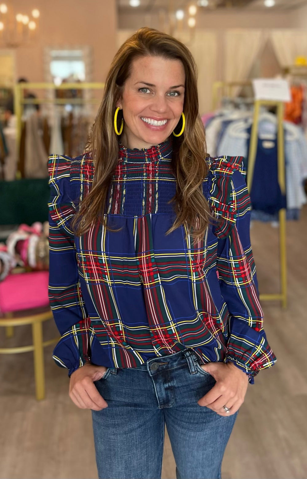 Navy Plaid Mock Neck Blouse