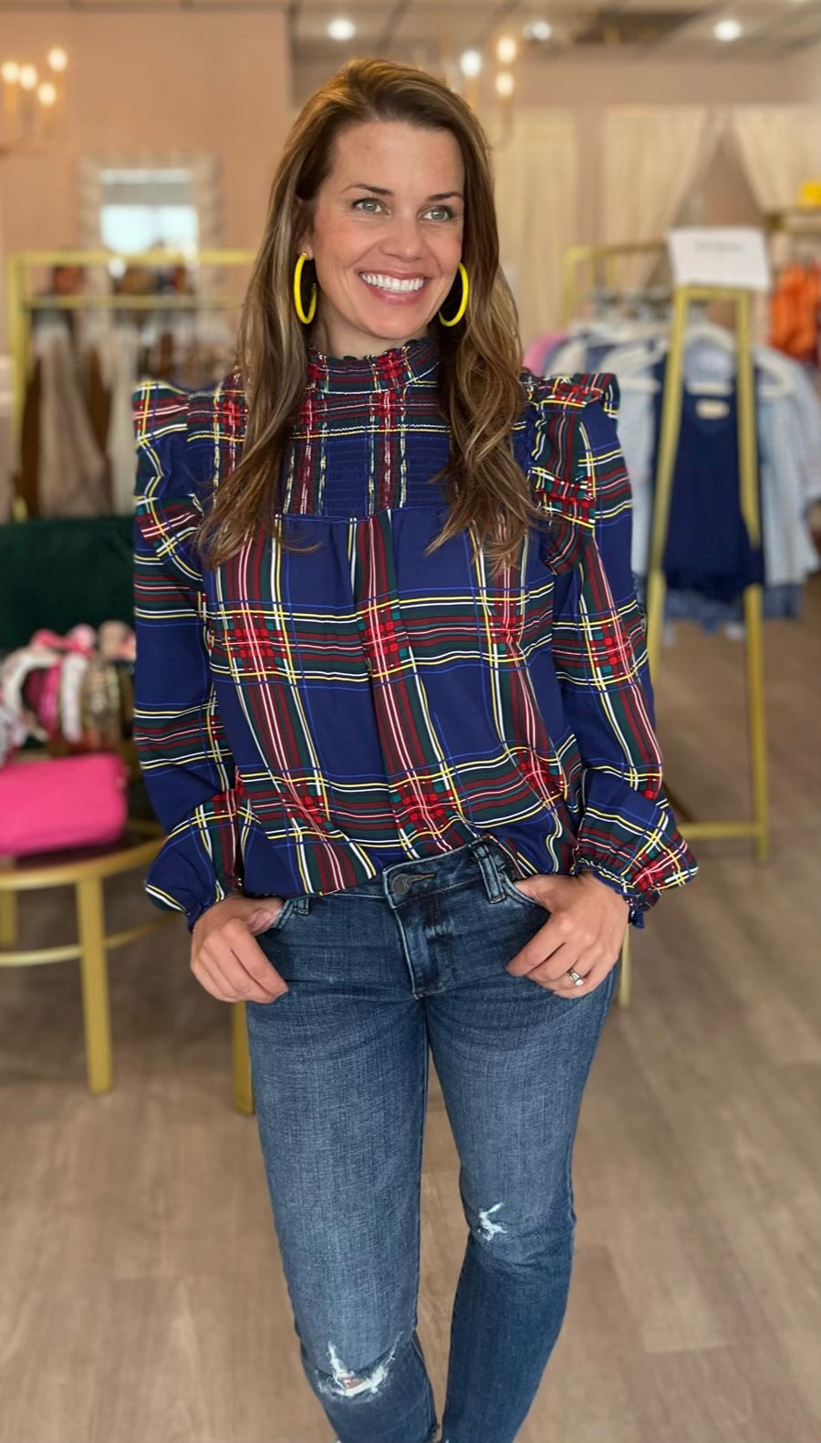Navy Plaid Mock Neck Blouse