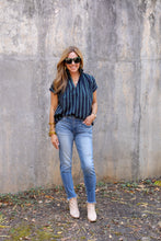 Load image into Gallery viewer, Vicki SS Top in Navy/Green Stripe
