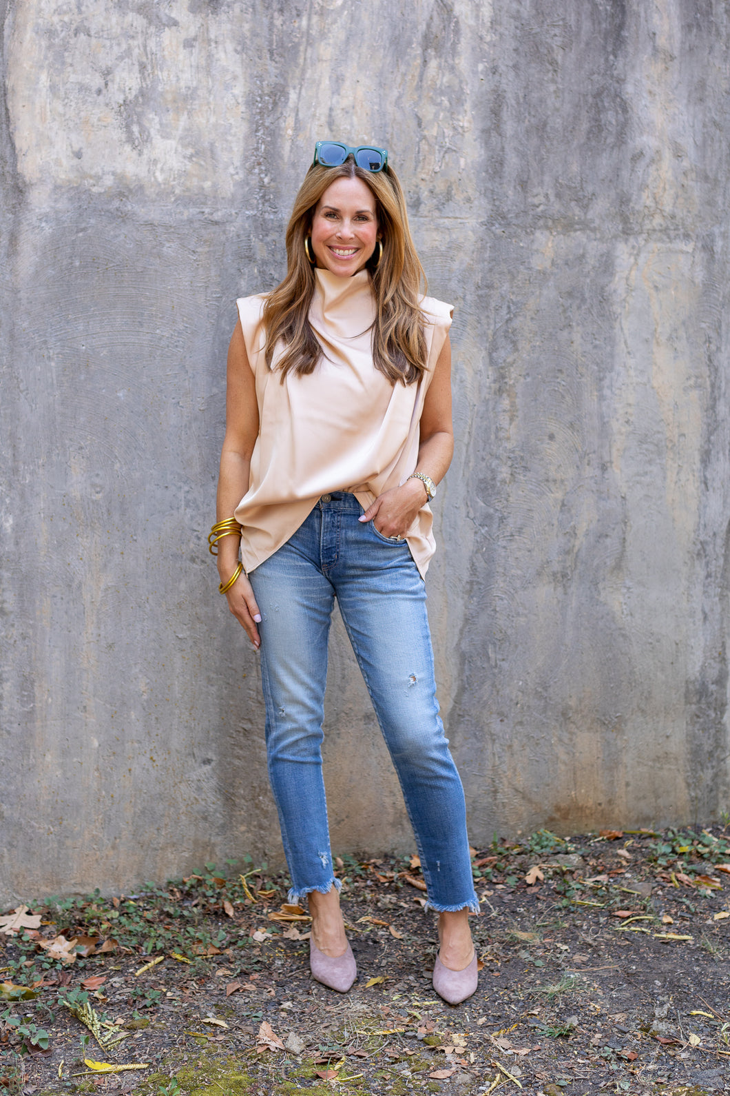 Satin Sleeveless Blouse in Tan