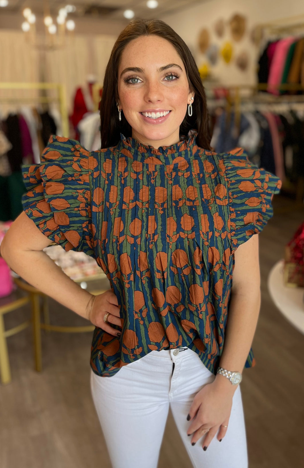 Istanbul Pintuck Ruffle Top in Cognac