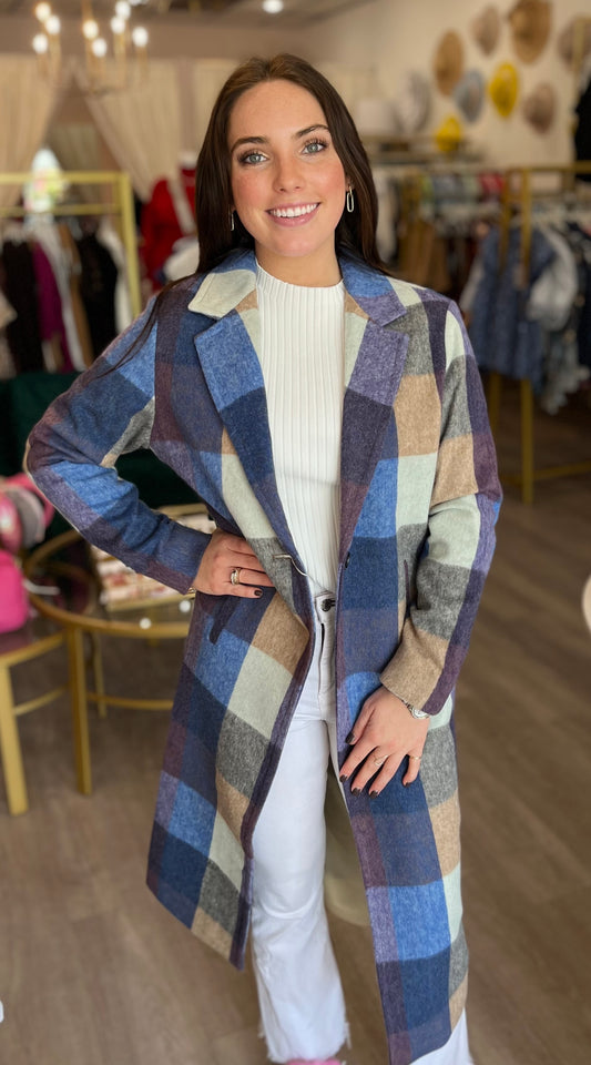 Lila Coat in Blue/Tan Check