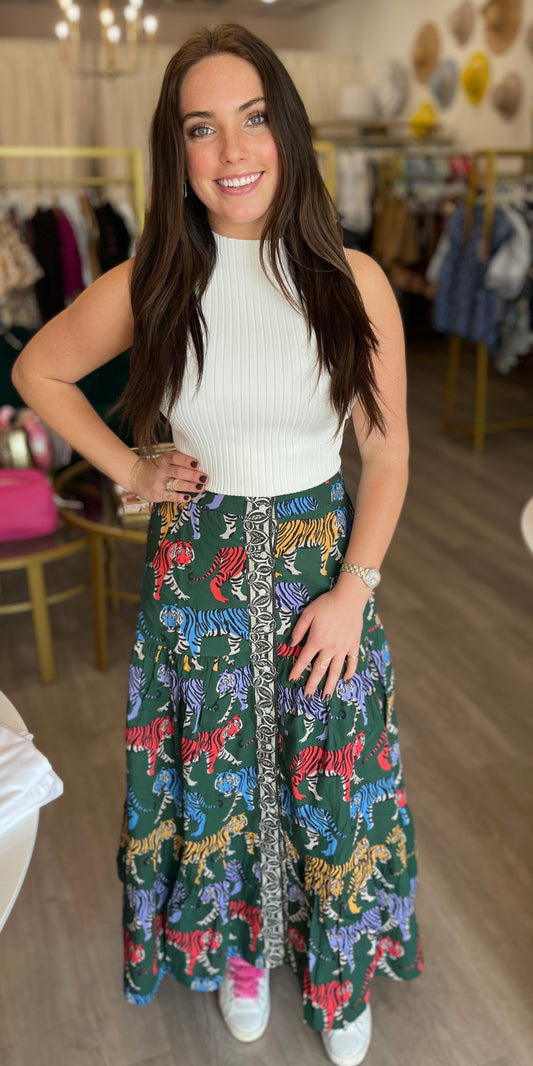 Raj Button Front Skirt in Green