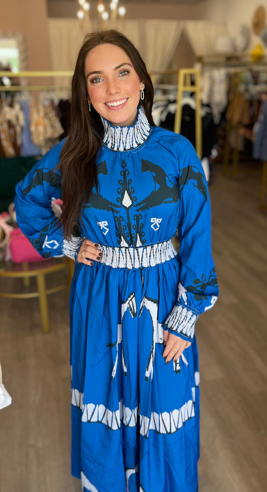 Equestrian Print Long Sleeve Dress in Blue