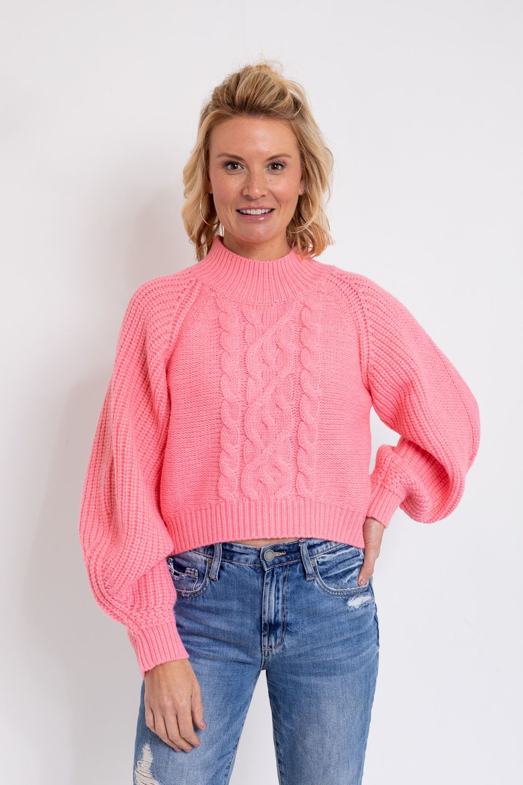 Pink Cable Mock Neck Sweater